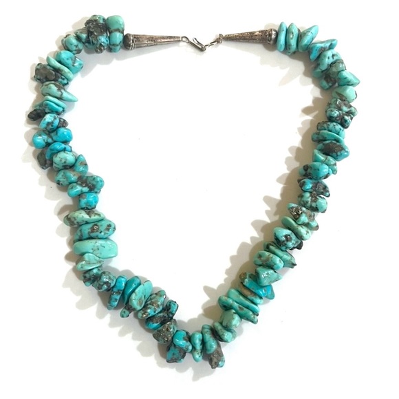 Navajo Vintage Old Pawn Morenci Turquoise Nugget Sterling Silver 19” Necklace